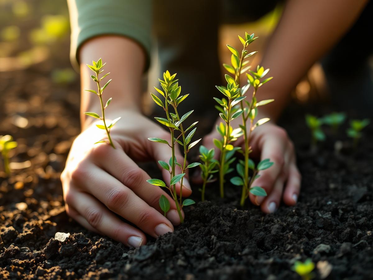Manos plantando árboles nativos en tierra húmeda, reforestación en Chile